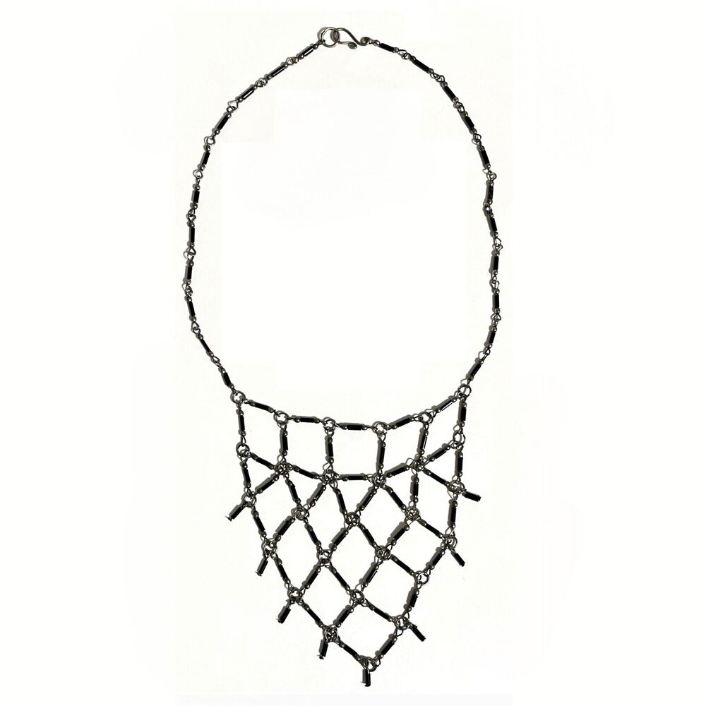 Vintage Bib Necklace Black Beaded Cage Lattice Mesh Boho Aged Delicate Unique - Picture 3 of 7